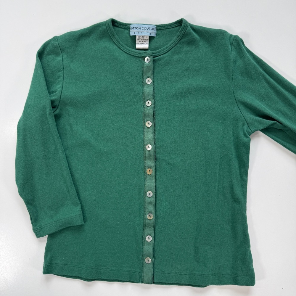 Cotton Couture Petite Button-Up Long Sleeve Cardigan Top Womens PP Green Cotton